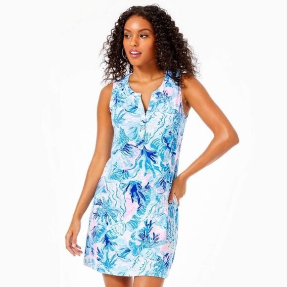 Lilly Pulitzer Essie Dress Womens Size M Saltwater Blue Shade Preppy Resortwear - Picture 1 of 10